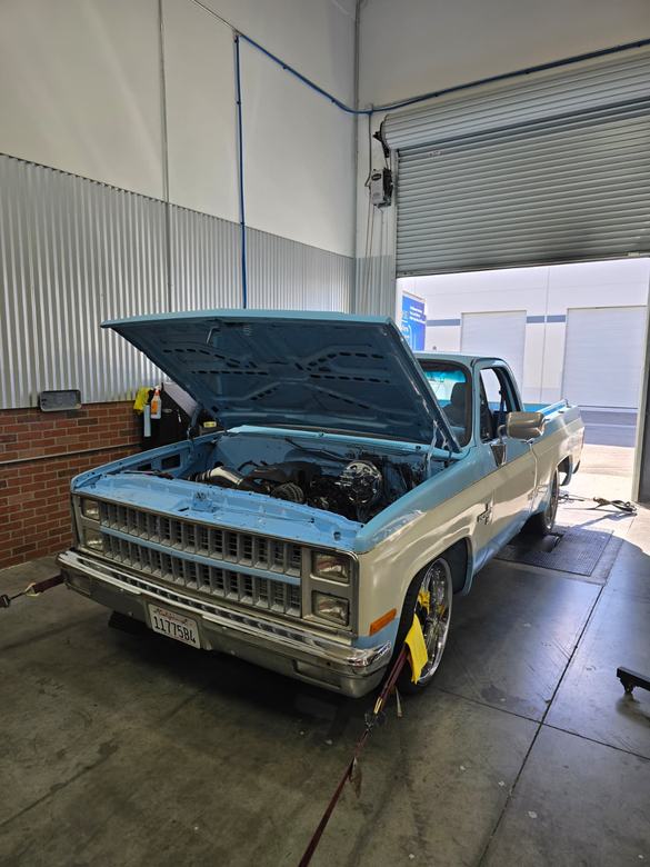 LS-swapped 1982 Chevrolet Cheyenne strapped down on the dyno at Tune Guru in Simi Valley