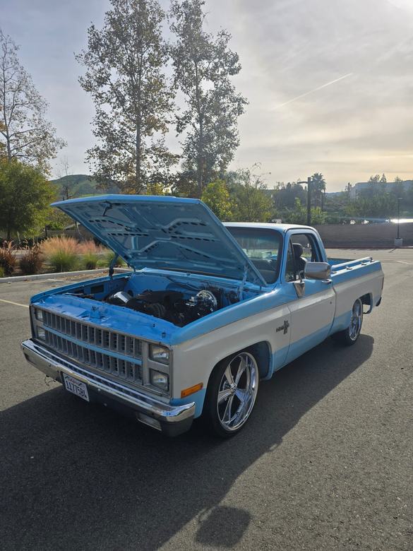 Blue and white 1982 Chevrolet Cheyenne with an LS swap after tuning